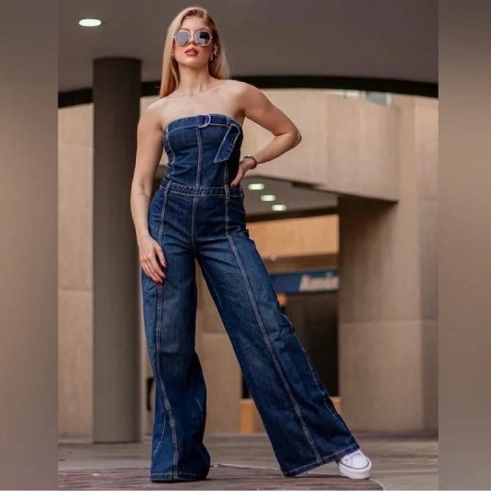 ZARA Dark Wash Strapless Belted Wide Leg Jumpsuit!